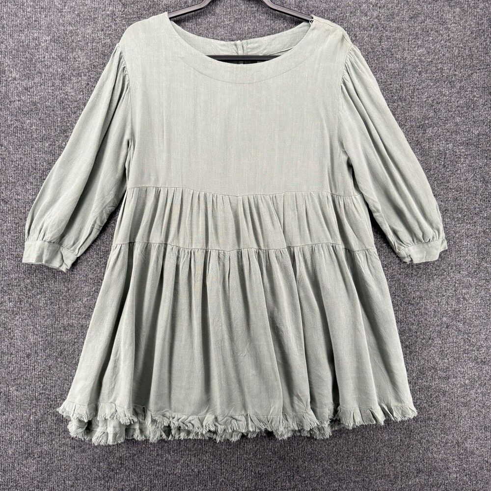 UMGEE Dress Womens S Green Linen Cotton Tiered Babydoll Peasant Boho Cottagecore